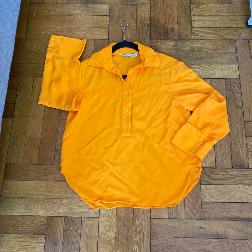ZARA Bright Orange Popover Blouse Size S Collared Long Sleeve